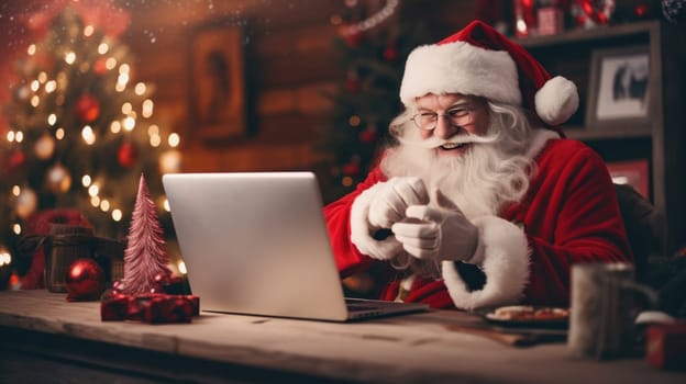 Happy old Santa Claus using laptop computer at home late on Christmas eve. Ecommerce website Boxing Day time holiday online shopping e commerce sale