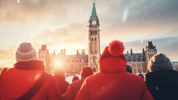 Happy Canadian wearing winter clothes celebrating Christmas holiday at Parliament Hill. People having fun hanging out together walking on city street. Winter holidays and relationship concept.