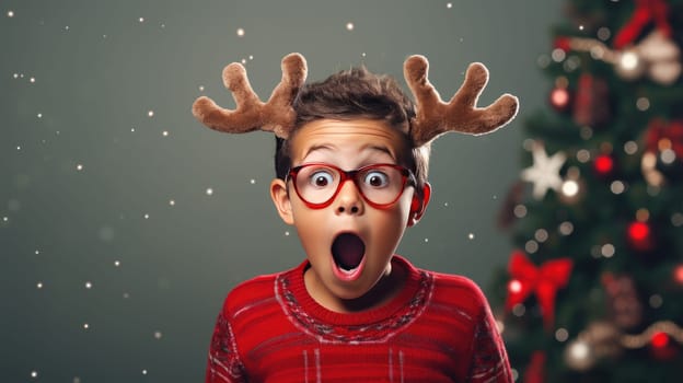 Surprised little boy wearing reindeer antlers holding gift box. Christmas holidays. Boxing Day shopping. Holiday shopping.