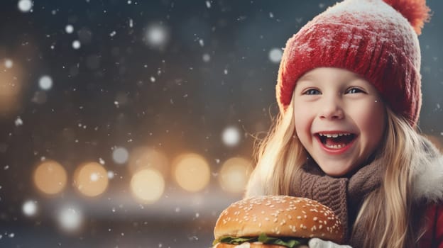 Cute little girl wearing red Santa hat and eating burger outside. Christmas and New Year concept. Copy space