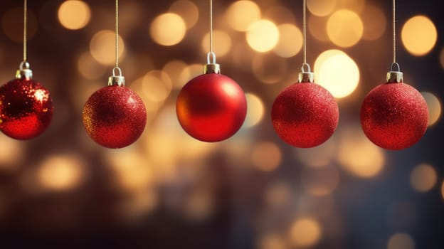 Festive ornaments with golden bokeh on background. Christmas celebration holiday background banner. Christmas baubles