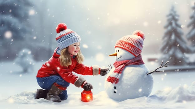 Kids building snow man playing outdoors on sunny snowy winter day. Outdoor family fun on Christmas vacation