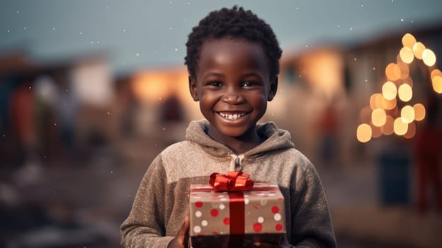 African kid with big giftbox is looking to the camera dusty street on background. Christmas support. Give and share kindness