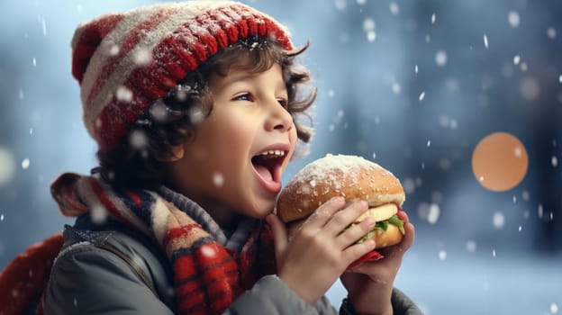 Cute little boy wearing red hat and eating burger outside. Christmas and New Year concept. Copy space