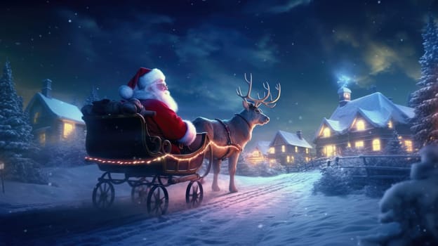 Santa Claus rides in a reindeer sleigh in a winter forest. Christmas holidays