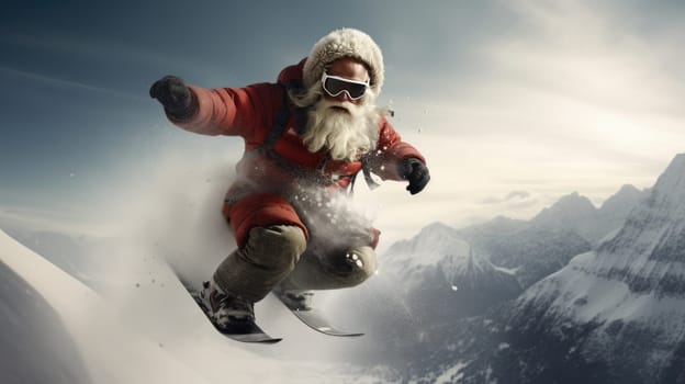 Santa Claus on snowboard in mountains. Santa Claus on vacation. Surfing Santa. Santa goes snowboarding