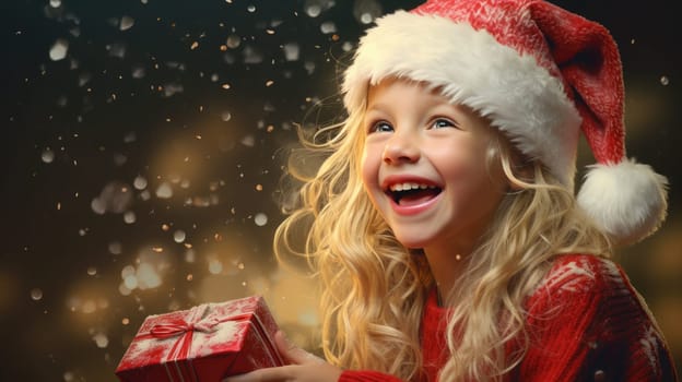 Cute little girl wearing red Santa hat and smiling. Christmas and New Year concept. Copy space