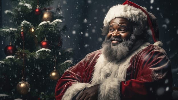 Happy African American Santa Claus on dark background. Christmas holidays