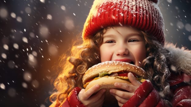 Cute little girl wearing red Santa hat and eating burger outside. Christmas and New Year concept. Copy space