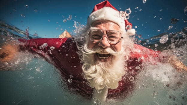 Santa Claus swim and relax in blue transparent pool water. Merry Christmas and Happy New Year travel destinations concept