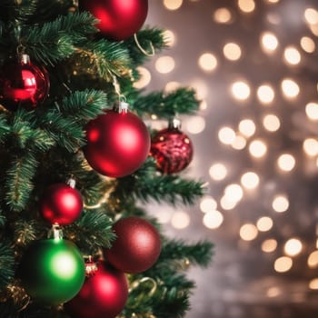 Close-UP of Christmas Tree, Red and Green Ornaments against a Defocused Lights Background