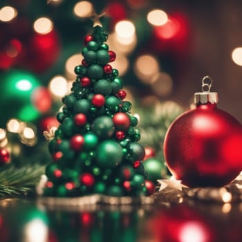 Close-UP of Christmas Tree, Red and Green Ornaments against a Defocused Lights Background