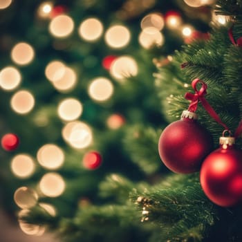 Close-UP of Christmas Tree, Red and Green Ornaments against a Defocused Lights Background