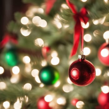 Close-UP of Christmas Tree, Red and Green Ornaments against a Defocused Lights Background