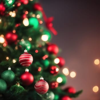 Close-UP of Christmas Tree, Red and Green Ornaments against a Defocused Lights Background