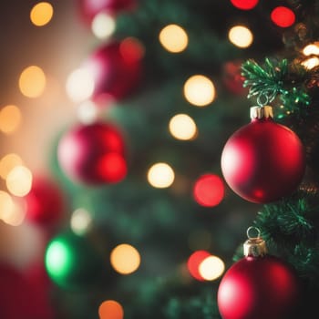 Close-UP of Christmas Tree, Red and Green Ornaments against a Defocused Lights Background