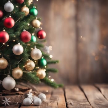 Close-UP of Christmas Tree multicolor Ornaments against a Defocused Lights Background