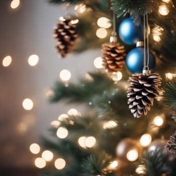 Close-UP of Christmas Tree multicolor Ornaments against a Defocused Lights Background