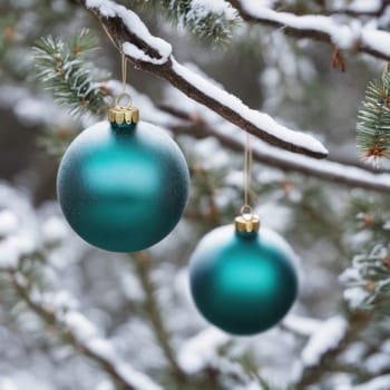 Close-UP of Christmas Tree multicolor Ornaments against a Defocused Lights Background