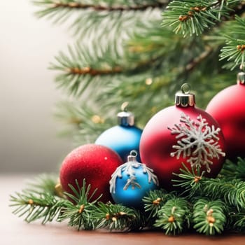 Close-UP of Christmas Tree multicolor Ornaments against a Defocused Lights Background