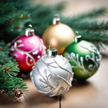 Close-UP of Christmas Tree multicolor Ornaments against a Defocused Lights Background