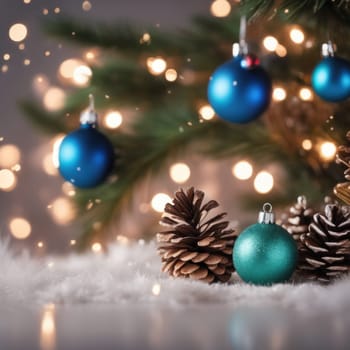 Close-UP of Christmas Tree multicolor Ornaments against a Defocused Lights Background