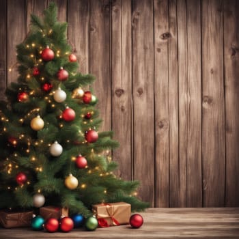 Close-UP of Christmas Tree multicolor Ornaments against a Defocused Lights Background