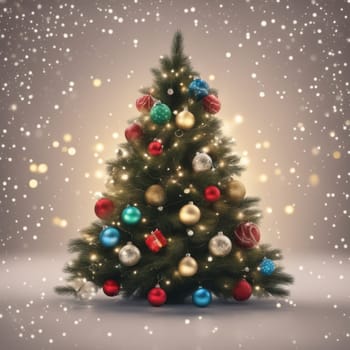 Close-UP of Christmas Tree multicolor Ornaments against a Defocused Lights Background