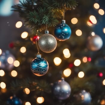 Close-UP of Christmas Tree multicolor Ornaments against a Defocused Lights Background