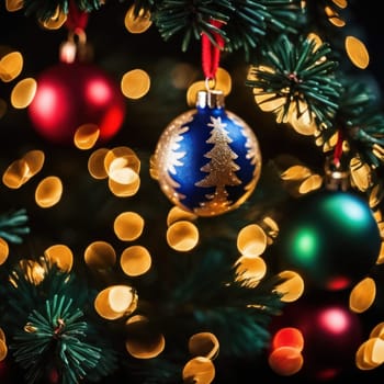 Close-UP of Christmas Tree multicolor Ornaments against a Defocused Lights Background