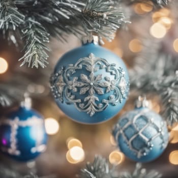 Close-UP of Christmas Tree multicolor Ornaments against a Defocused Lights Background