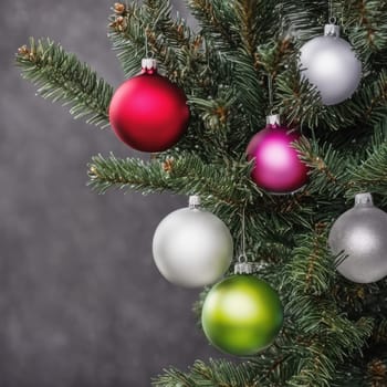 Close-UP of Christmas Tree multicolor Ornaments against a Defocused Lights Background