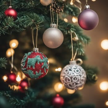 Close-UP of Christmas Tree multicolor Ornaments against a Defocused Lights Background