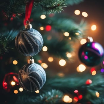 Close-UP of Christmas Tree multicolor Ornaments against a Defocused Lights Background