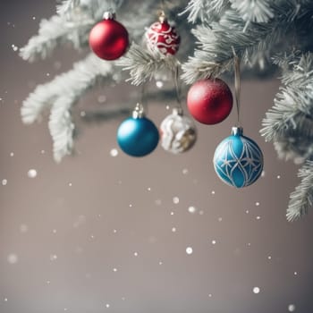 Close-UP of Christmas Tree multicolor Ornaments against a Defocused Lights Background