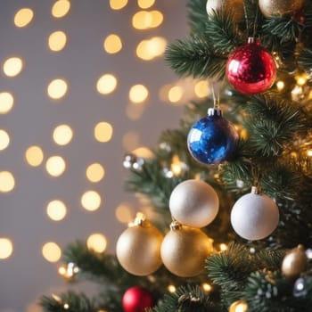 Close-UP of Christmas Tree multicolor Ornaments against a Defocused Lights Background