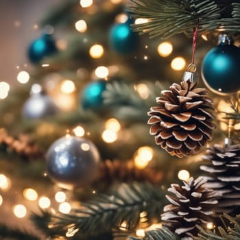 Close-UP of Christmas Tree multicolor Ornaments against a Defocused Lights Background