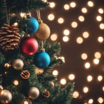 Close-UP of Christmas Tree multicolor Ornaments against a Defocused Lights Background