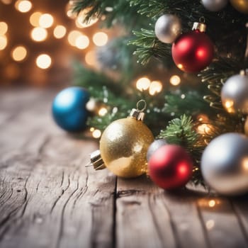 Close-UP of Christmas Tree multicolor Ornaments against a Defocused Lights Background