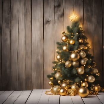 Close-UP of Christmas Tree, Red and Golden Ornaments against a Defocused Lights Background