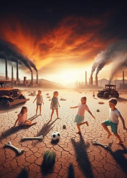 sad girli n dystopian scene, cracked earth arid burned unfertile soil, climate change global warming, abandonetractor, animal bones, contaminating factoriess smoking, apocalyptic scene, ai generated