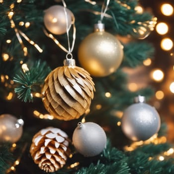 Close-UP of Christmas Tree, Red and Golden Ornaments against a Defocused Lights Background