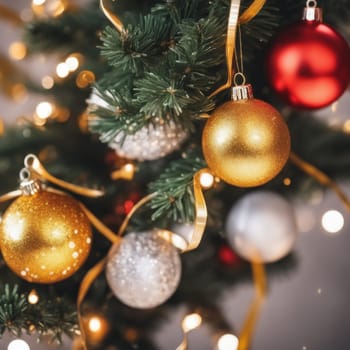 Close-UP of Christmas Tree, Red and Golden Ornaments against a Defocused Lights Background