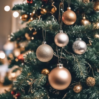 Close-UP of Christmas Tree, Red and Golden Ornaments against a Defocused Lights Background