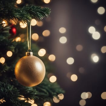 Close-UP of Christmas Tree, Red and Golden Ornaments against a Defocused Lights Background