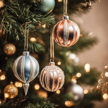 Close-UP of Christmas Tree, Red and Golden Ornaments against a Defocused Lights Background