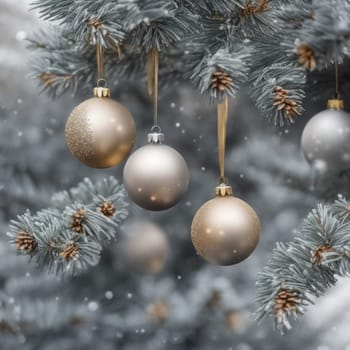 Close-UP of Christmas Tree, Red and Golden Ornaments against a Defocused Lights Background