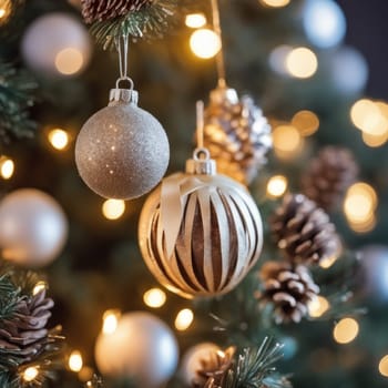 Close-UP of Christmas Tree, Red and Golden Ornaments against a Defocused Lights Background