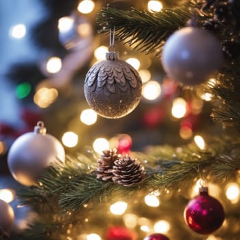 Close-UP of Christmas Tree, Red and Golden Ornaments against a Defocused Lights Background