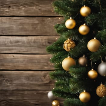 Close-UP of Christmas Tree, Red and Golden Ornaments against a Defocused Lights Background